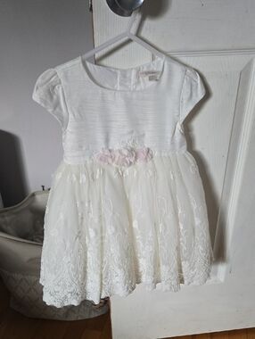 White Floral Lace Flower Girl Dress with Pink Accents 18 Months